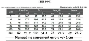 Detailed size chart for men's zip-up sweatshirt with measurements from S to 3XL