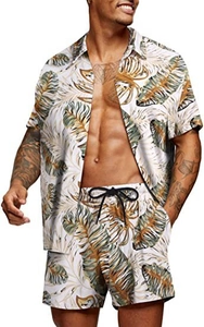 Detail of loose Hawaiian floral shirt and drawstring shorts with tropical palm leaf prints