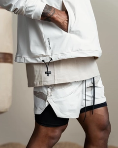 Close-up of men's double-layer breathable sports shorts for running and fitness