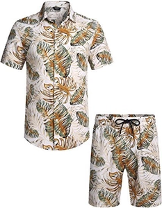 Flat lay of men's Hawaiian vacation set with tropical leaf print and drawstring shorts