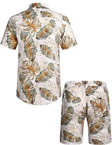 Rear view of Hawaiian floral print beach set including short sleeve shirt and drawstring shorts