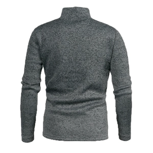 Rear view of a men's solid grey high-neck knit sweater on a professional white background