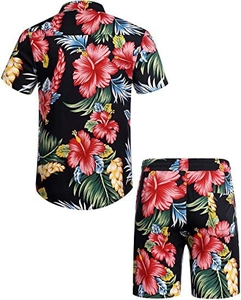 Flat lay of men's tropical hibiscus floral print shirt and shorts summer beach set