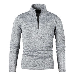 Detail of 1/4 zip stand collar and fine knitted texture on men grey sweatshirt