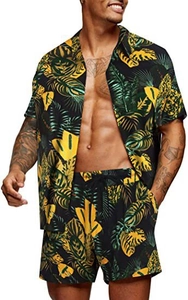 Close-up of tropical palm leaf print on casual men's summer shirt and shorts set