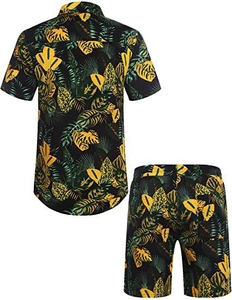 Rear view of tropical floral shirt and shorts set featuring yellow and green leaf prints
