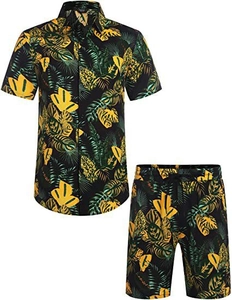 Flat lay of men's tropical Hawaiian set featuring floral shirt and drawstring shorts