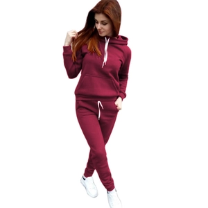 Detail view of burgundy fleece track suit with white drawstrings and kangaroo pocket