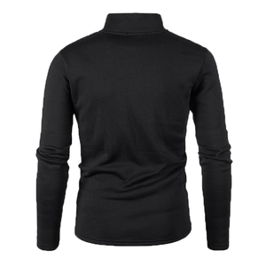Rear view of men's mock neck sweatshirt in black, showing smooth fabric and stitching