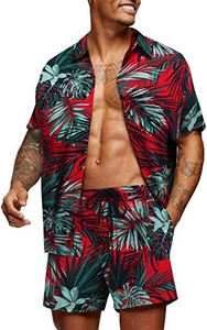 Detail of loose-fit summer Hawaiian set with tropical leaf patterns and drawstring shorts