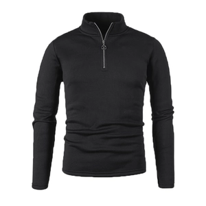 Detail showing the 1/4 zip collar design and metal ring pull on the black men's sweatshirt