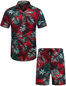 Detail of red Hawaiian shirt and shorts set with green palm leaf print and drawstring