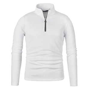 Detail view of white stand collar sweatshirt with silver quarter-zip and ring puller