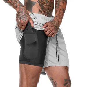 Men's light grey 2-in-1 running shorts with hidden black phone pocket and double mesh