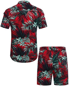 Detail back view of a men's loose fit tropical palm leaf print shirt and shorts set