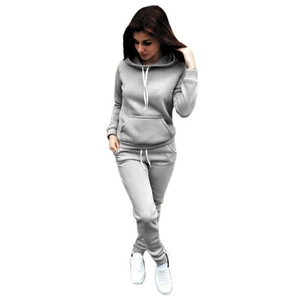 Detailed view of women's gray fleece tracksuit set with hoodie and elastic waist sweatpants