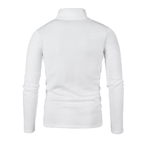 Detail view showing the neat stitching and smooth hem of the white slim fit men's turtleneck