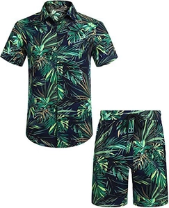 Detailed view of men tropical leaf print summer set with short sleeve shirt and shorts