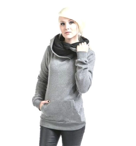 Detail of grey pullover hoodie with high cowl neck and spacious kangaroo pocket