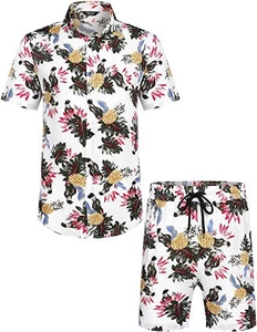 Detail of loose-fit summer shirt and shorts set with tropical floral pineapple print