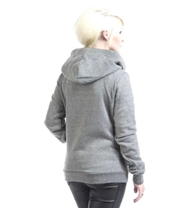 Rear view of a classic grey hooded sweatshirt with ribbed cuffs and a comfortable fit