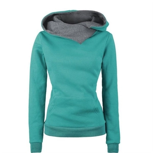 Women's lapel pullover hoodie in green and grey with kangaroo pocket and ribbed cuffs