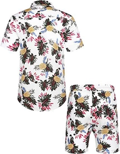 Flat lay of Hawaiian beach set showing detailed tropical palm and pineapple prints