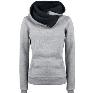 Women's slim fit heather grey hoodie featuring a unique crossover cowl neck and kangaroo pocket