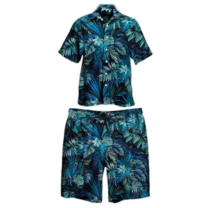 Flat lay of men's summer Hawaiian set with blue tropical leaf prints on dark fabric
