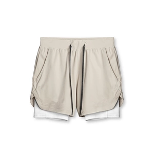 Men's 2-in-1 quick dry sports shorts with compression liner, khaki running fitness gym pants.