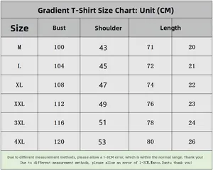 Tableau des tailles détaillé pour t-shirt de sport dégradé avec mesures du buste