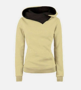 Detail of cross collar hoodie showing grey lining contrast and ribbed cuffs