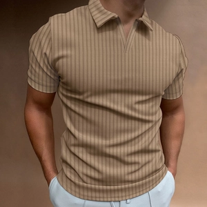 Polo da uomo kaki a righe verticali con scollo a V senza bottoni dalla vestibilità slim