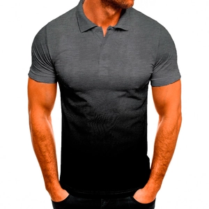 Close-up of grey to black gradient fabric texture on a slim fit men's polo shirt