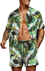 Detail view of men's Hawaiian floral print shirt and drawstring shorts vacation set