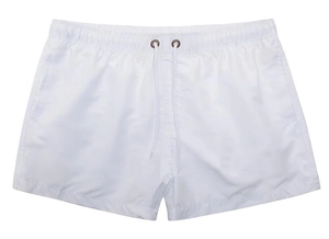 Detail view of white quick-dry swim shorts featuring elastic waistband and adjustable drawstrings