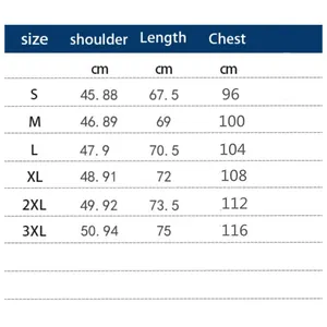 Size chart for men's fashion set showing shoulder, length and chest in cm from S to 3XL