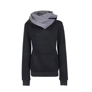 Women's black long sleeve pullover sweatshirt with grey overlapping collar and kangaroo pocket