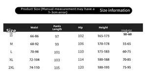 Detailed size chart for quick-dry fitness pants showing waist, length, and hip measurements