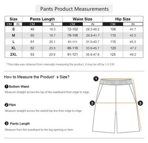 Detailed size guide for men's fashion shorts showing measurements in cm and inches