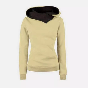 Women's slim fit pullover hoodie in soft yellow with black lined hood and front pocket