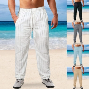 Vertical striped linen beach pants for men featuring elastic waist and functional drawstring