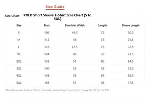 Size chart for men's short sleeve polo shirt with measurements from S to 5XL