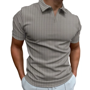 Polo da uomo slim fit a maniche corte con strisce verticali e scollo a V in grigio-marrone