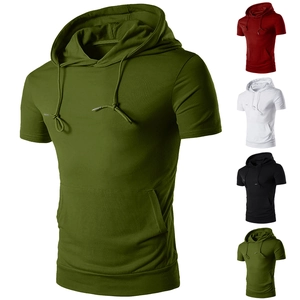 Men's solid color hooded sports t-shirt with short sleeves and front kangaroo pocket
