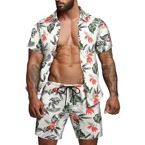 Men Casual Two Piece Set Short Sleeve Button Up Shirt And Drawstring Shorts Tropical Hawaiian Floral Printed Stripe Outfit Summer Beach Vacation