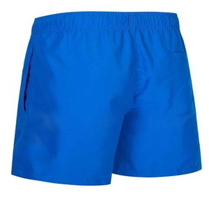 Macro shot of royal blue quick-dry swim trunks featuring elastic waist and back pocket
