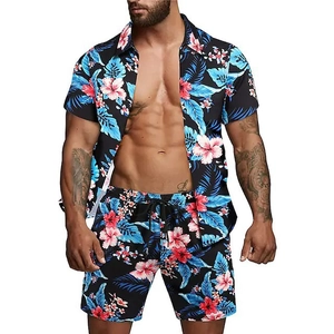Men's summer beach set with tropical floral print short sleeve shirt and drawstring shorts