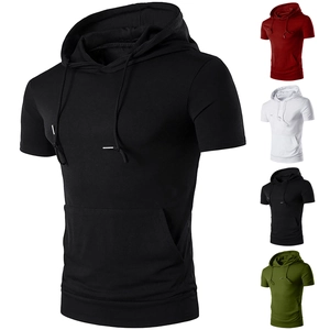 Men's solid color hooded sports t-shirt with drawstring and kangaroo pocket in four colors