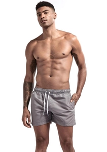 Detail of grey quick-dry swim trunks featuring elastic waistband and white drawstring ties